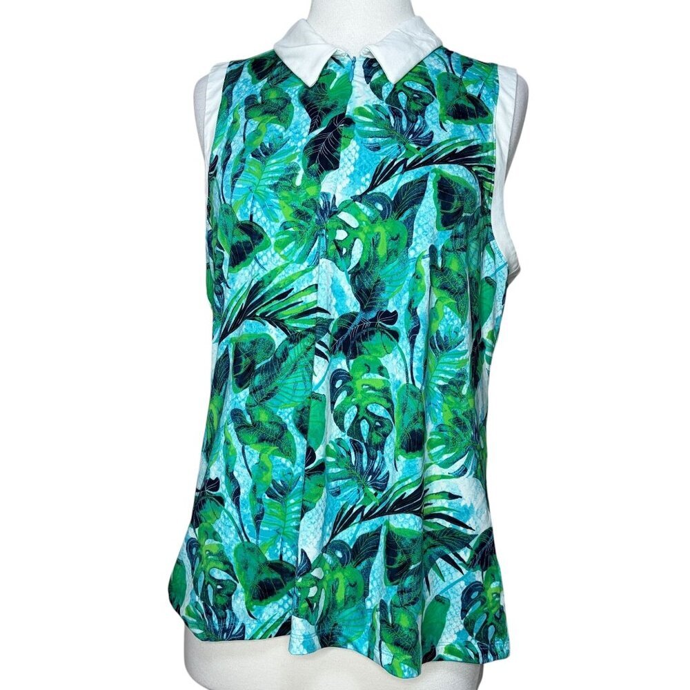 Tommy Bahama Azure Lagoon Golf Sleeveless Polo Shirt Womens XL Tropical Monstera